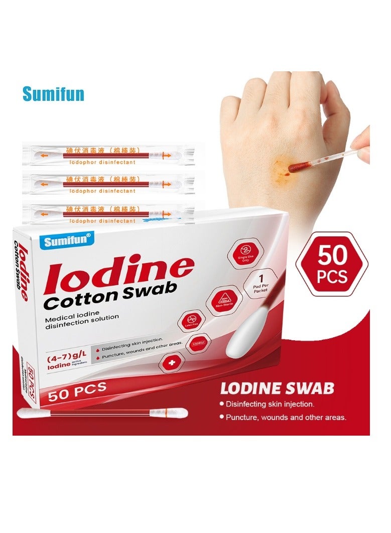 Sumifun 50 Pcs Iodine Swabsticks Individually Wrapped - First Aid Cotton Swabs for Wound Prevent Cleanning in Nasal Ears Bruise - Image 1