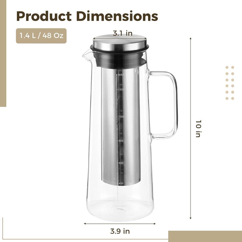 Cold Brew Pitcher, 1.4 L / 48 Oz Borosilicate Glass Cold Brew Coffee Maker with Stainless Steel Filter and Airtight Lid, Ice Tea Maker for Home Beverage - Image 2