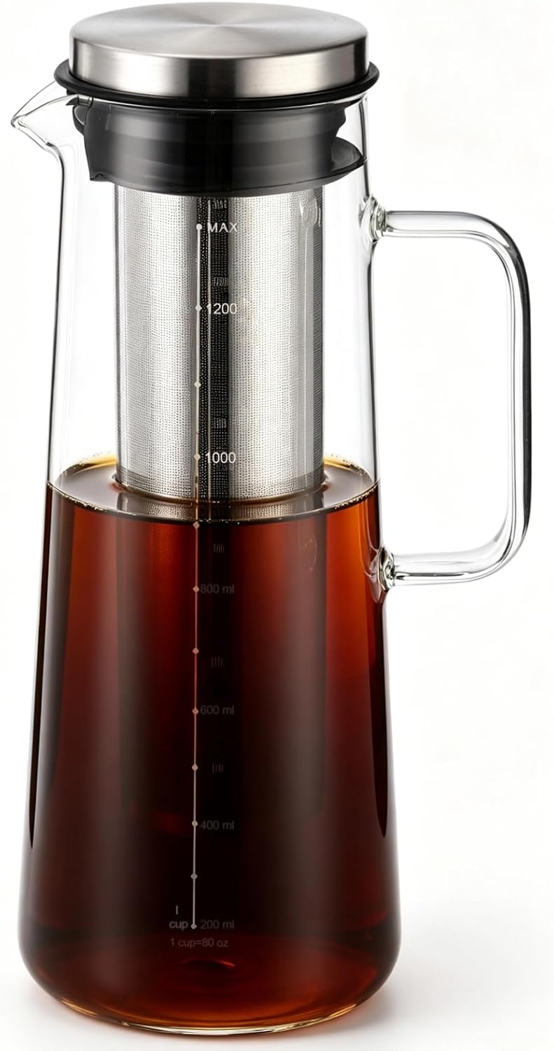 Cold Brew Pitcher, 1.4 L / 48 Oz Borosilicate Glass Cold Brew Coffee Maker with Stainless Steel Filter and Airtight Lid, Ice Tea Maker for Home Beverage - Image 1