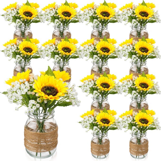85 PCS 12 SET SUNFLOWER MASON JAR TABLE CENTERPIECE MASON JAR VASES FAUX FLORAL WITH ROPE BOHO RUSTIC FLOWER TABLE DECORATION FOR RECEPTION ENGAGEMENT PARTY BRIDAL SHOWER WEDDING