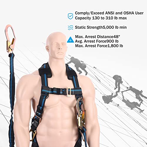FHFallArrest 6FT Double Leg Safety Harness Lanyard, Abrasion Resistant Internal Shock Absorbing Fall Protection Lanyard with Dual Rebar & Snap Hook, OSHA/ANSI Compliant, Construction Arborist Roofing - Image 4