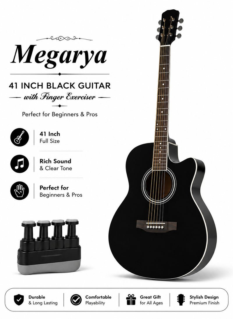 41" Black Acoustic Guitar + Finger Exerciser Bundle | Beginner Guitar Starter Set | Full Size Cutaway Guitar | Hand Grip Strength Trainer | Music Learning Combo Pack