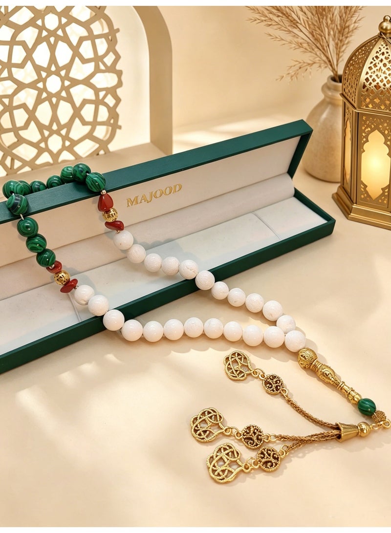MAJOOD Original Design/33 Natural White Coral And Malachite Prayer Beads/Tasbih/10MM - Image 2