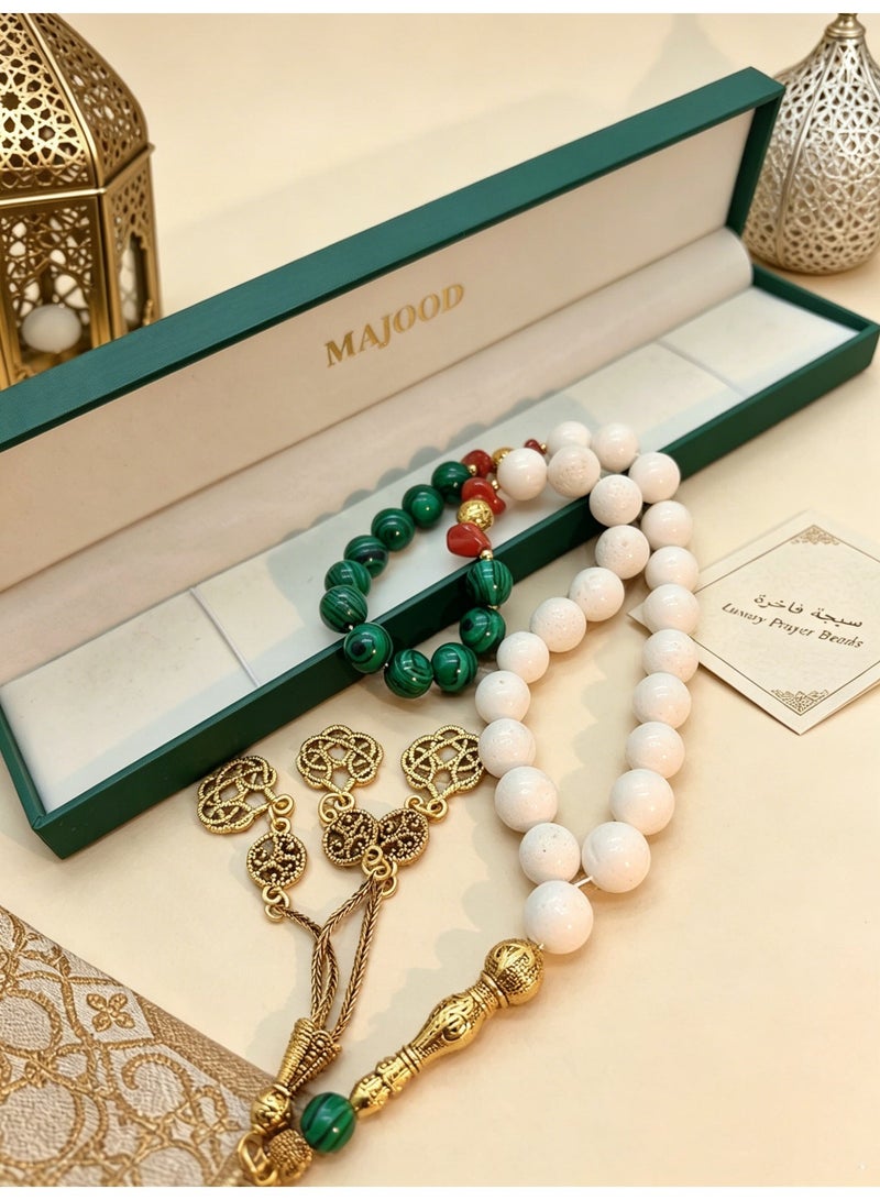 MAJOOD Original Design/33 Natural White Coral And Malachite Prayer Beads/Tasbih/10MM - Image 4