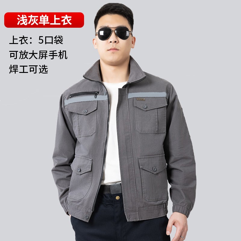 Spring and Autumn Thickened Tooling Jacket Welder Optional Front and Rear Reflective Strip Cotton Fabric Labor Protection Work Clothes Jacket Jacket Light gray single top