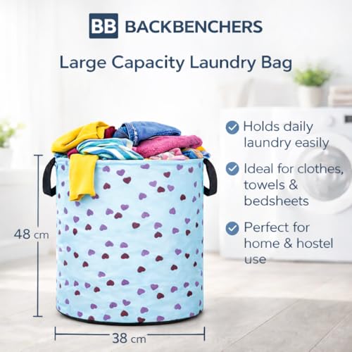 BB BACKBENCHERS Printed Laundry Basket 48L | Foldable Storage Bag with Handles | Multipurpose Clothes Hamper for Bedroom, Bathroom & Dorm | Non-Woven Fabric (Heart Print) | Blue | Pack of 1 - Image 2