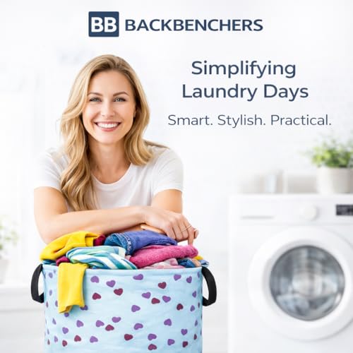 BB BACKBENCHERS Printed Laundry Basket 48L | Foldable Storage Bag with Handles | Multipurpose Clothes Hamper for Bedroom, Bathroom & Dorm | Non-Woven Fabric (Heart Print) | Blue | Pack of 1 - Image 3
