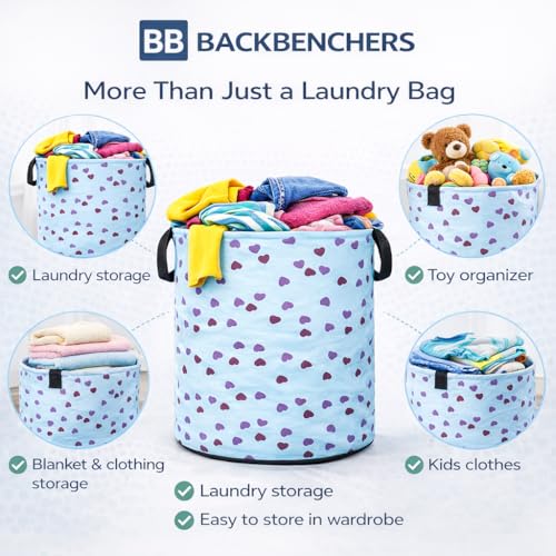 BB BACKBENCHERS Printed Laundry Basket 48L | Foldable Storage Bag with Handles | Multipurpose Clothes Hamper for Bedroom, Bathroom & Dorm | Non-Woven Fabric (Heart Print) | Blue | Pack of 1 - Image 4