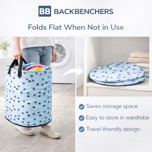 BB BACKBENCHERS Printed Laundry Basket 48L | Foldable Storage Bag with Handles | Multipurpose Clothes Hamper for Bedroom, Bathroom & Dorm | Non-Woven Fabric (Heart Print) | Blue | Pack of 1 - Image 5