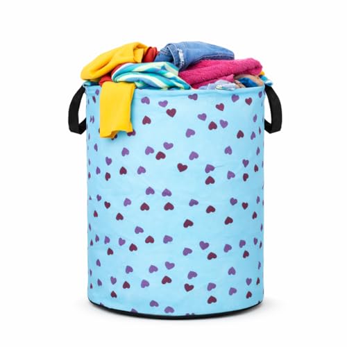 BB BACKBENCHERS Printed Laundry Basket 48L | Foldable Storage Bag with Handles | Multipurpose Clothes Hamper for Bedroom, Bathroom & Dorm | Non-Woven Fabric (Heart Print) | Blue | Pack of 1 - Image 1