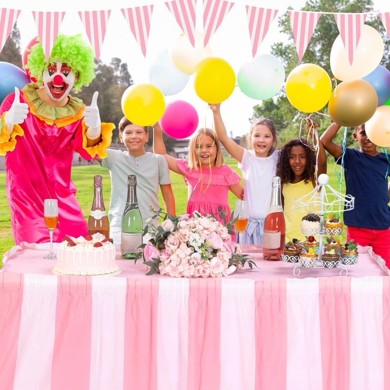 Remagr 8 Pcs Pink Carnival Theme Party Decors Disposable Carnival Table Skirts Circus Theme Tablecloths Pink White Striped Pennant Banners Carousel Circus Party Decoration for Birthday Wedding Decor - Image 5