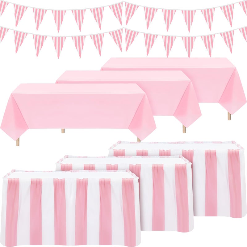 Remagr 8 Pcs Pink Carnival Theme Party Decors Disposable Carnival Table Skirts Circus Theme Tablecloths Pink White Striped Pennant Banners Carousel Circus Party Decoration for Birthday Wedding Decor - Image 1