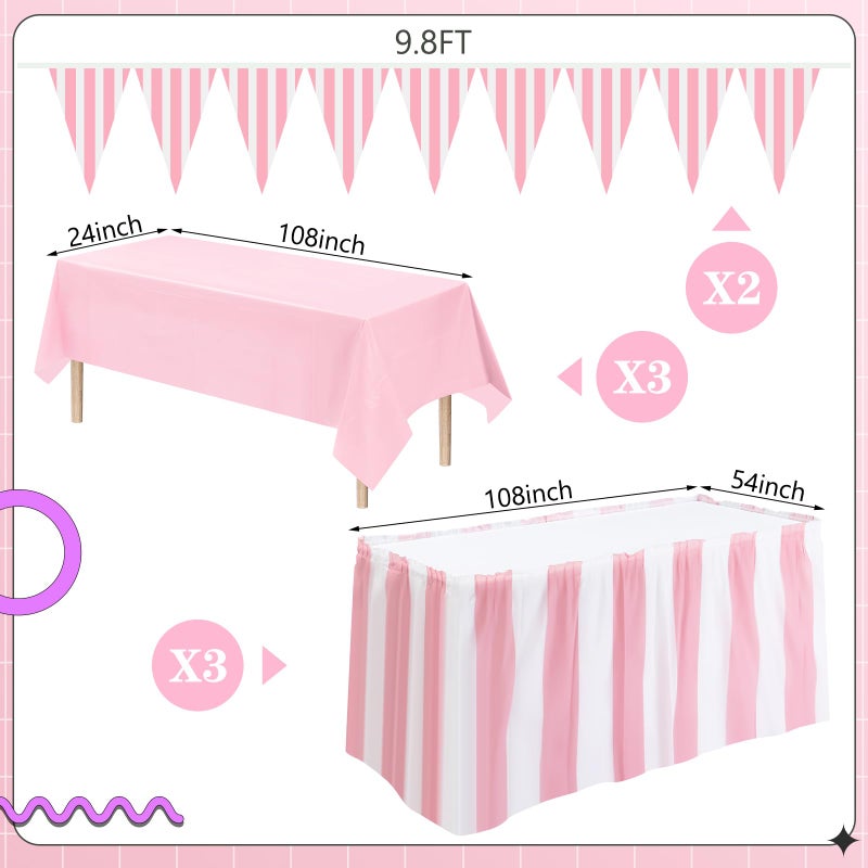 Remagr 8 Pcs Pink Carnival Theme Party Decors Disposable Carnival Table Skirts Circus Theme Tablecloths Pink White Striped Pennant Banners Carousel Circus Party Decoration for Birthday Wedding Decor - Image 2