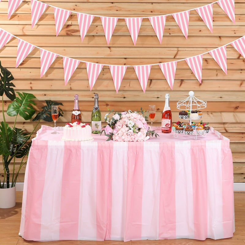 Remagr 8 Pcs Pink Carnival Theme Party Decors Disposable Carnival Table Skirts Circus Theme Tablecloths Pink White Striped Pennant Banners Carousel Circus Party Decoration for Birthday Wedding Decor - Image 4