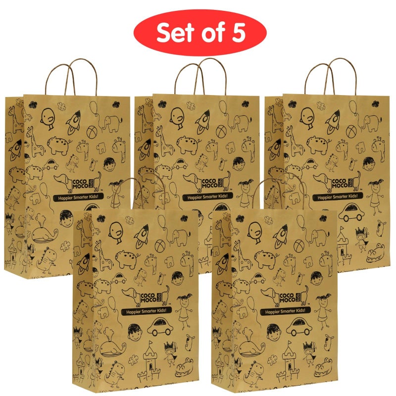 CocoMoco Kids Eco-Friendly Kraft Paper Bags For Return Gift|Pack Of 5|Gifting Bags For Birthday, Holiday & Large Presents|Gift Bag For Kids Birthday|Printed Design Goodie Bag,Brown - Image 2