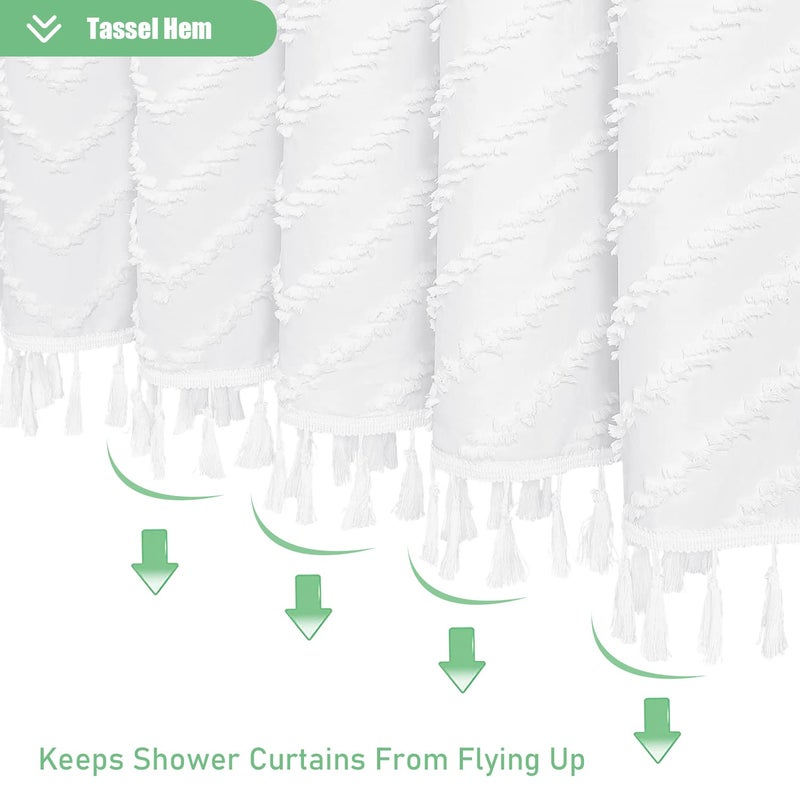 Dynamene Stall Fabric Shower Curtain  36x72 inch Half Boho Tufted Chevron Striped Small Cloth Shower Curtains for Bathroom  Narrow Thick Waterproof Polyester Shower Curtain Set with 6 Hooks  White - Image 3