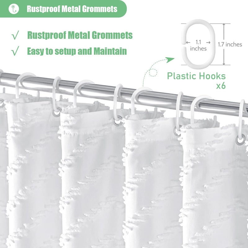 Dynamene Stall Fabric Shower Curtain  36x72 inch Half Boho Tufted Chevron Striped Small Cloth Shower Curtains for Bathroom  Narrow Thick Waterproof Polyester Shower Curtain Set with 6 Hooks  White - Image 4