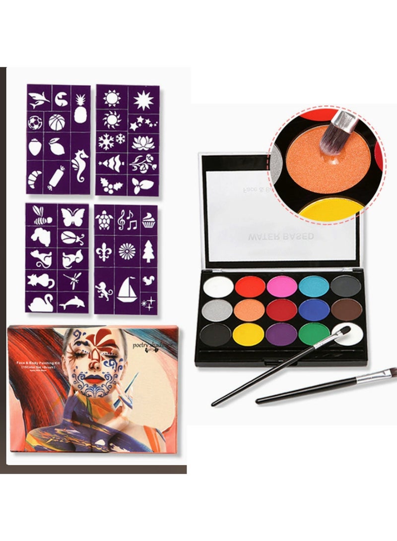 15-Colour Water-Based Face Paint Kit With 2 Brushes And 4 Purple Stencil Sheets