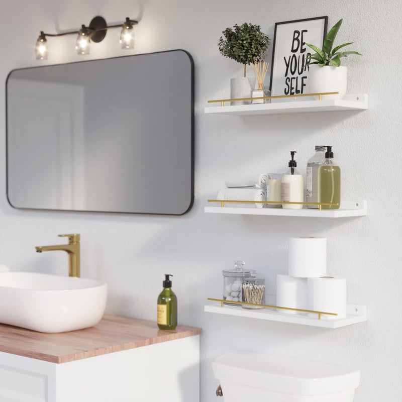 WOPITUES Floating Shelves with Gold Metal Guardrail, Shelves for Wall Decor Set of 3, Wall Shelves for Bedroom, Bathroom, Kitchen, Living Room, Plants, Picture Frames, Art- White and Gold - Image 2