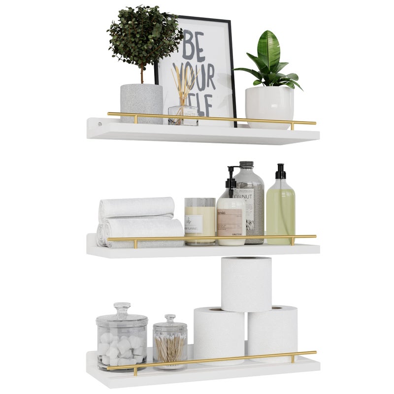 WOPITUES Floating Shelves with Gold Metal Guardrail, Shelves for Wall Decor Set of 3, Wall Shelves for Bedroom, Bathroom, Kitchen, Living Room, Plants, Picture Frames, Art- White and Gold - Image 1