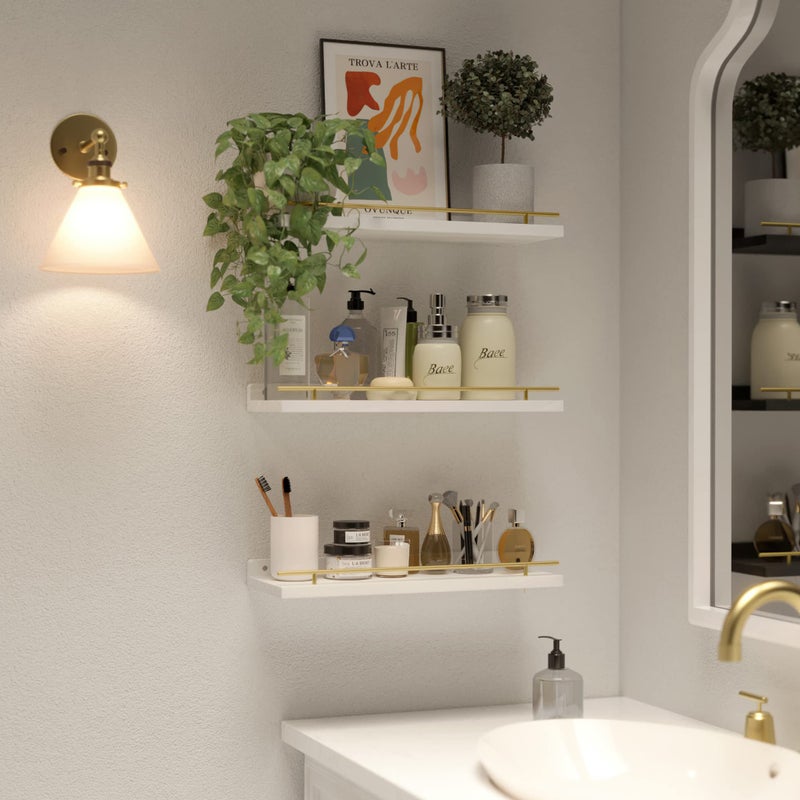 WOPITUES Floating Shelves with Gold Metal Guardrail, Shelves for Wall Decor Set of 3, Wall Shelves for Bedroom, Bathroom, Kitchen, Living Room, Plants, Picture Frames, Art- White and Gold - Image 5