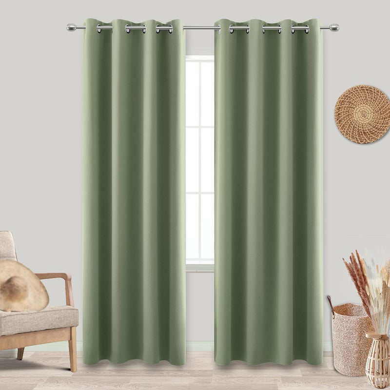 KOUFALL Sage Green Blackout Window Curtains for Bedroom 84 Inches Long Black Out Room Darkening Grommet Thermal Insulated Boho Cottagecore Cottage Core Curtain Drapes 84 Inch Length 2 Panels Set - Image 1