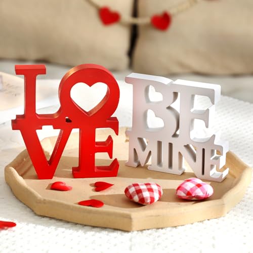KORMMCO Valentines Love Be Mine Wooden Signs - Romantic 2PSC Letter Sign Decorations for Tabletop, Mantle, Tiered Trays, Decor for Weddings, Anniversaries Home Decor - Image 2