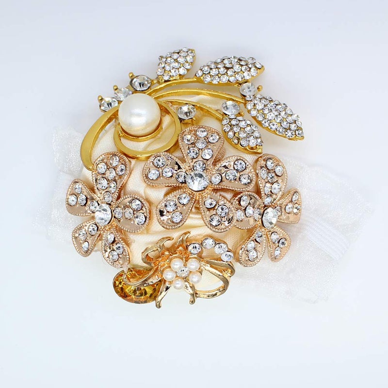 DOTKV Artificial Wrist Silk Flower Boutonniere Wrist Bouquet Corsage Flower with Peal and Diamond for Wedding DecorCocktail Party 1 pcsGoldIvory_Wrist