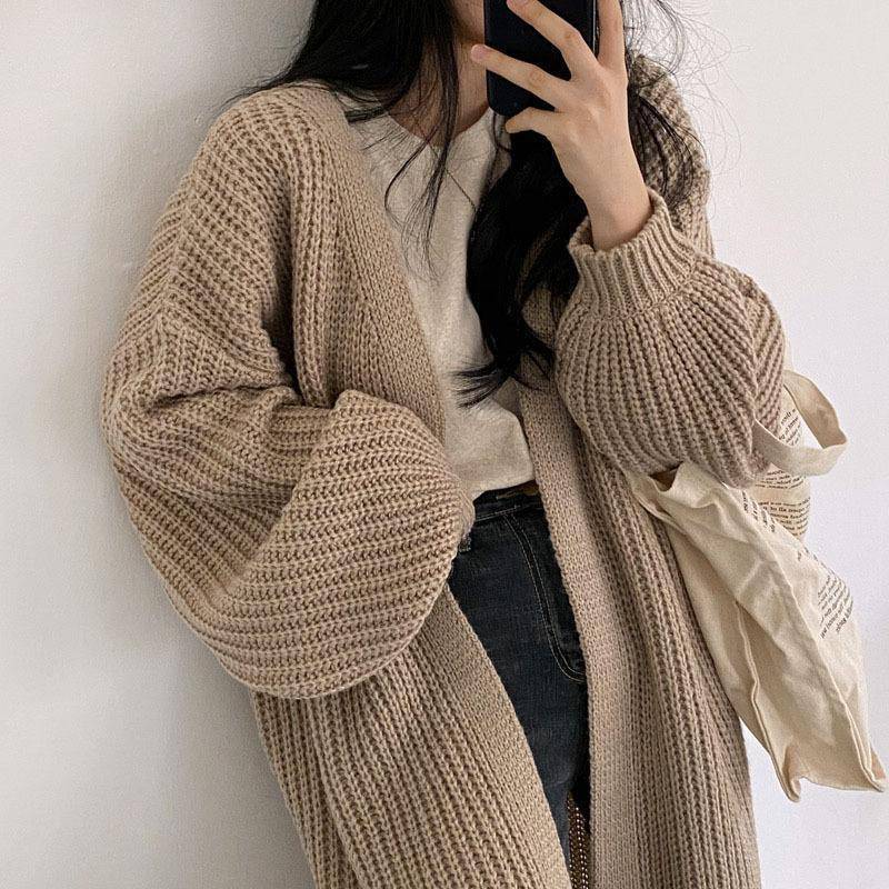 كارديجان صيفي كوري بسيط بأسلوب كسول مع ياقة فضفاضة بأكمام طويلة وسميكة - Image 2