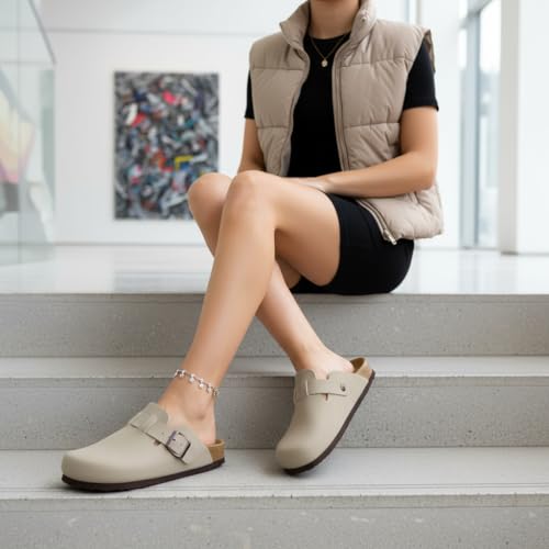 CUSHIONAIRE Hana Womens Clogs | Comfortable Vegan Suede Clogs for Women | Slip On Potato Shoes with Cork Footbed & Arch Support| STONE 8 - Image 2
