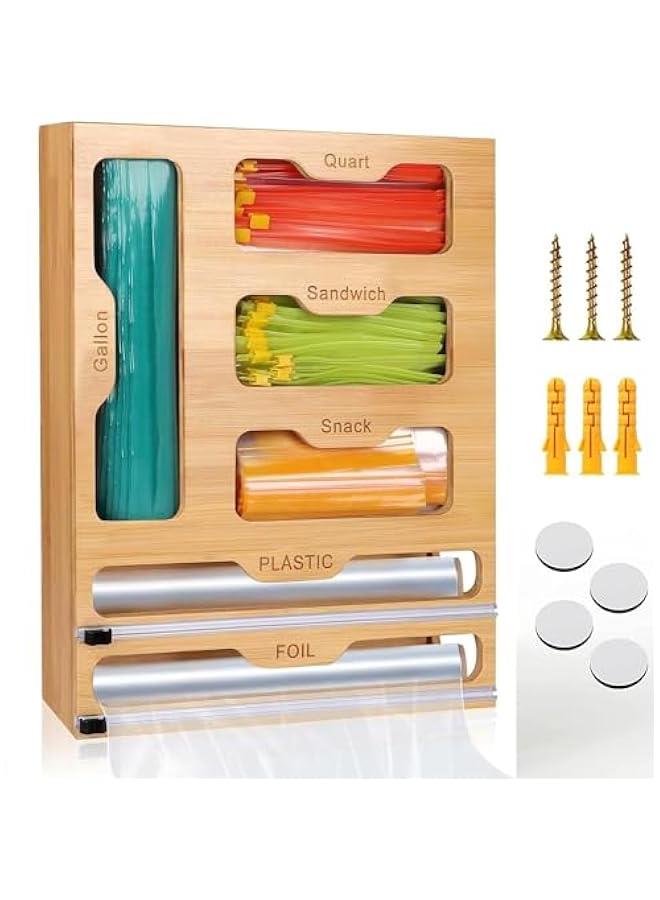 ميكسد موزع تغليف 6 في 1 مع قطاعة، منظم أكياس زيبلوك، قواطع رقائق الخيزران البلاستيكية، منظم ورق برشمان وورق شمع لدرج المطبخ، حامل منظم لفافات الخيزران، حامل يثبت على الحائط - Image 1