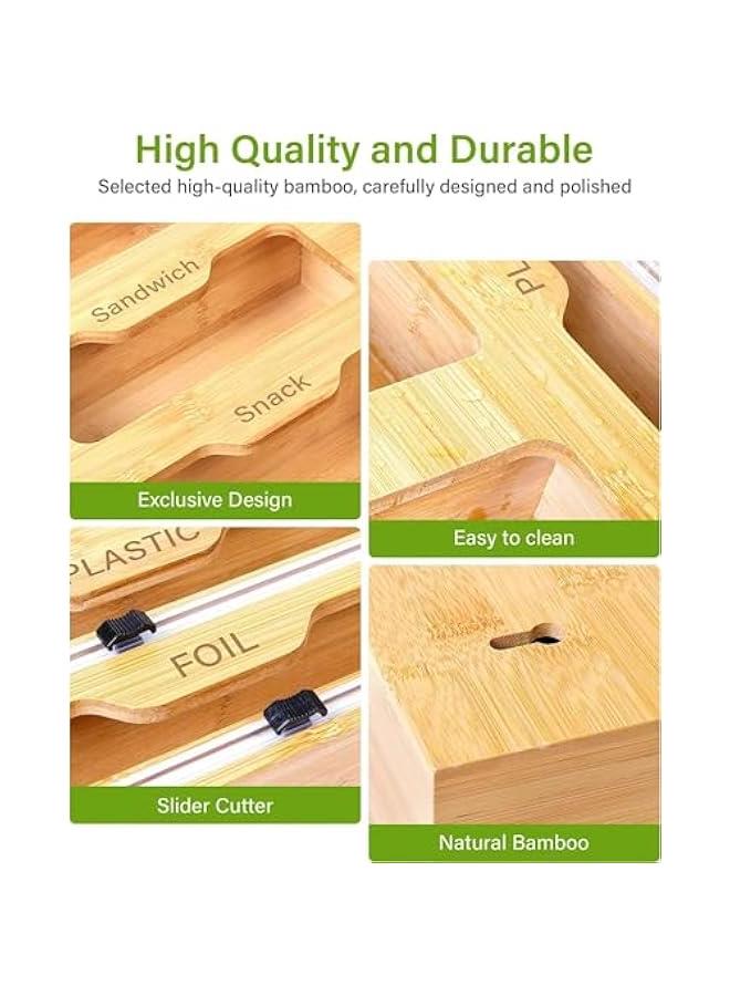 ميكسد موزع تغليف 6 في 1 مع قطاعة، منظم أكياس زيبلوك، قواطع رقائق الخيزران البلاستيكية، منظم ورق برشمان وورق شمع لدرج المطبخ، حامل منظم لفافات الخيزران، حامل يثبت على الحائط - Image 5