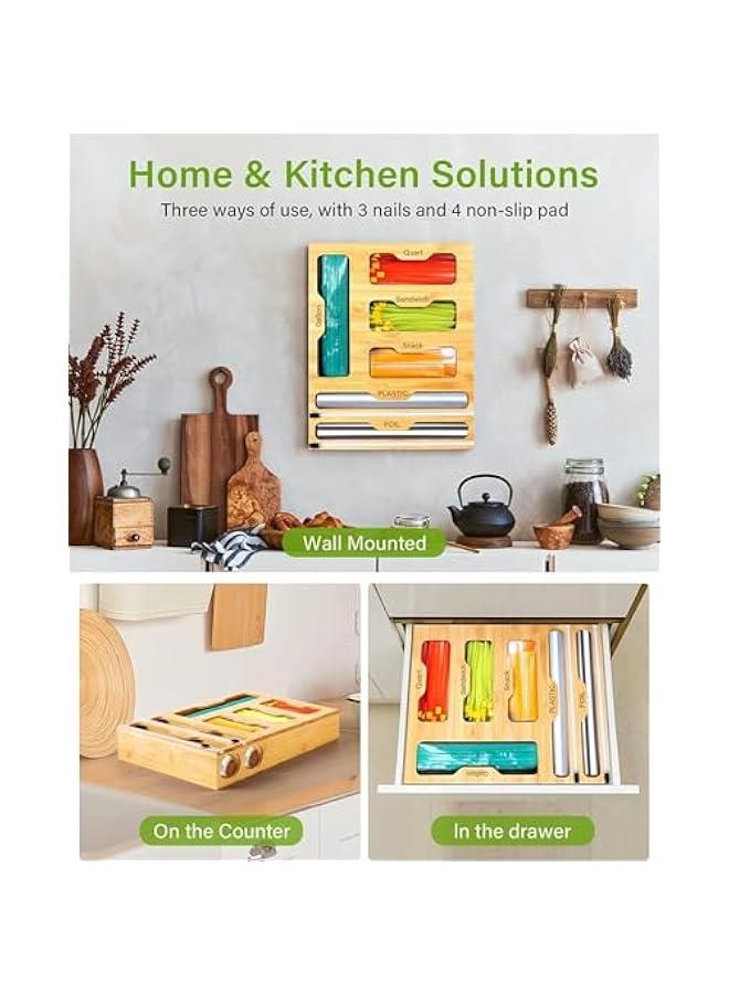 ميكسد موزع تغليف 6 في 1 مع قطاعة، منظم أكياس زيبلوك، قواطع رقائق الخيزران البلاستيكية، منظم ورق برشمان وورق شمع لدرج المطبخ، حامل منظم لفافات الخيزران، حامل يثبت على الحائط - Image 3