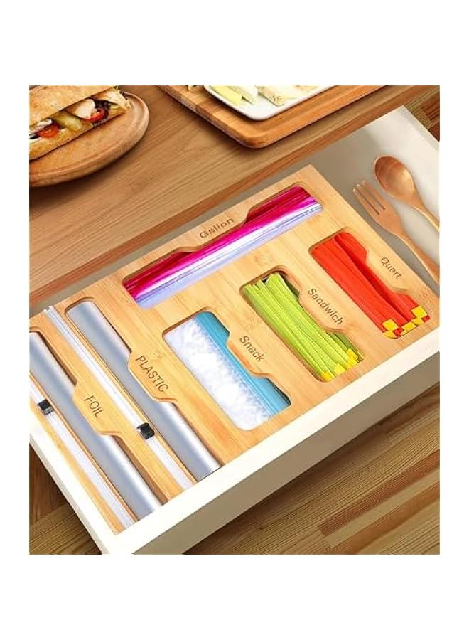 ميكسد موزع تغليف 6 في 1 مع قطاعة، منظم أكياس زيبلوك، قواطع رقائق الخيزران البلاستيكية، منظم ورق برشمان وورق شمع لدرج المطبخ، حامل منظم لفافات الخيزران، حامل يثبت على الحائط - Image 2