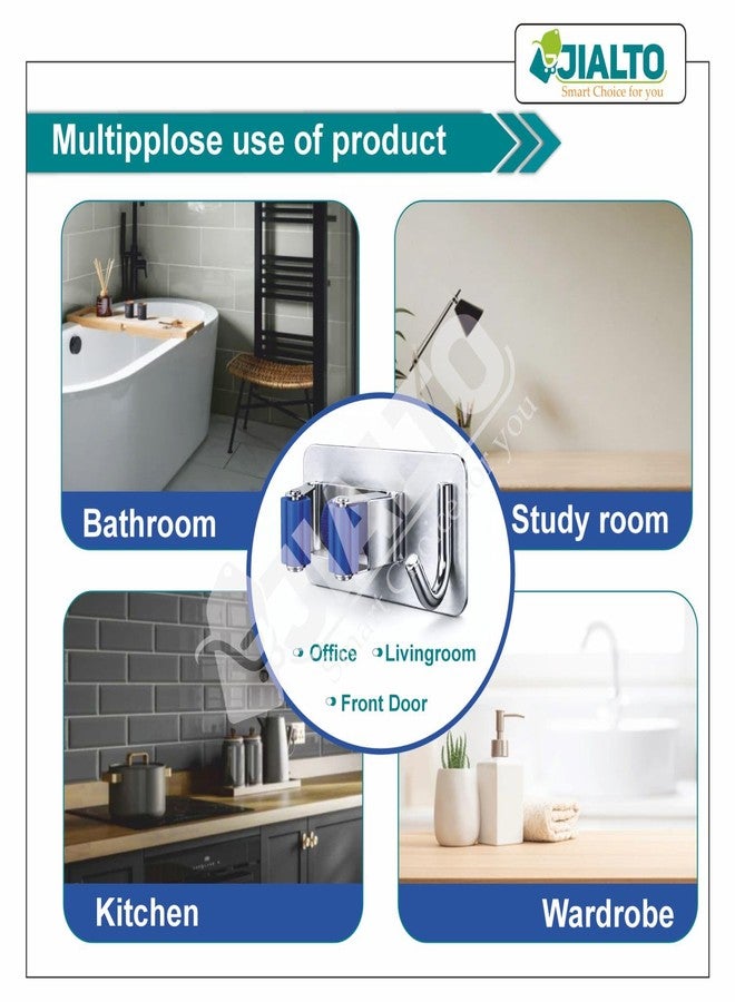 JIALTO 5 Pcs Adhesive Mop Holder and Broom Holder Wall Mounted Stainless Steel | Heavy Duty Mop & Broom Organizer with Hooks | Adhesive Storage Rack for Kitchen & Bathroom (Blue, 5) - Image 4
