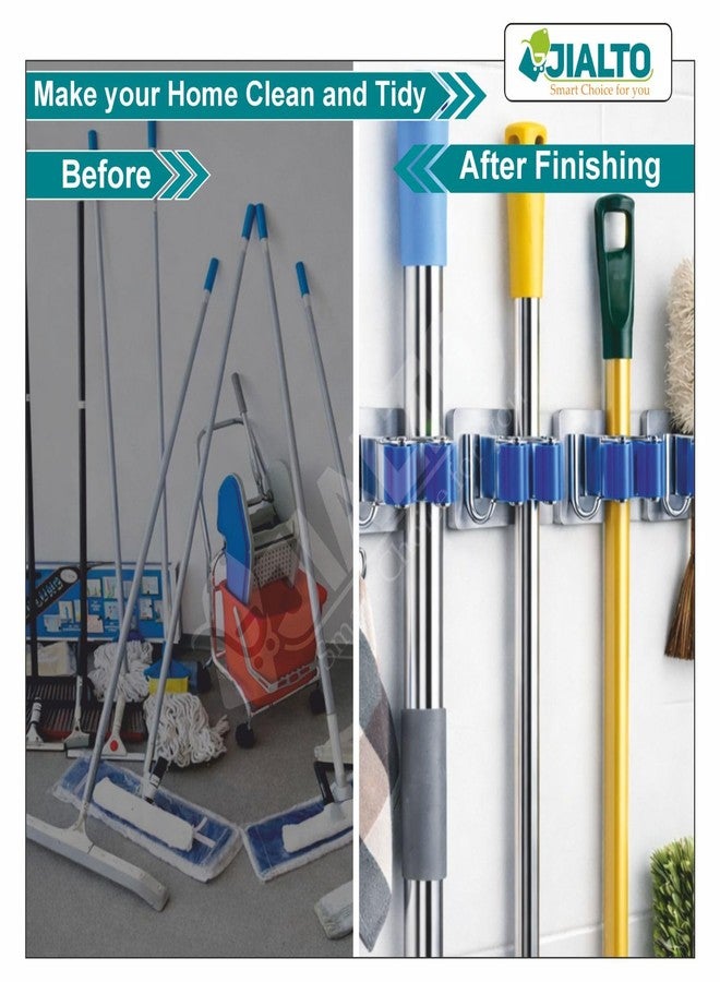 JIALTO 5 Pcs Adhesive Mop Holder and Broom Holder Wall Mounted Stainless Steel | Heavy Duty Mop & Broom Organizer with Hooks | Adhesive Storage Rack for Kitchen & Bathroom (Blue, 5) - Image 5