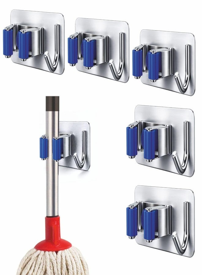 JIALTO 5 Pcs Adhesive Mop Holder and Broom Holder Wall Mounted Stainless Steel | Heavy Duty Mop & Broom Organizer with Hooks | Adhesive Storage Rack for Kitchen & Bathroom (Blue, 5) - Image 1