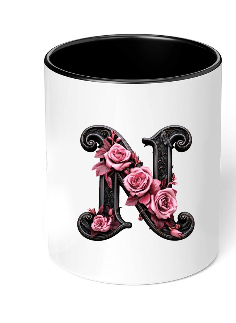 PRINTSHOP4ME - Monogrammed Initial Ceramic Coffee Mug - Stylized Designer Printed Black Two-Tone - Ceramic Coffee or Tea Mug 11 Oz - Glossy Black Mug - Personalized Gift For Family Members And Friends - Image 1