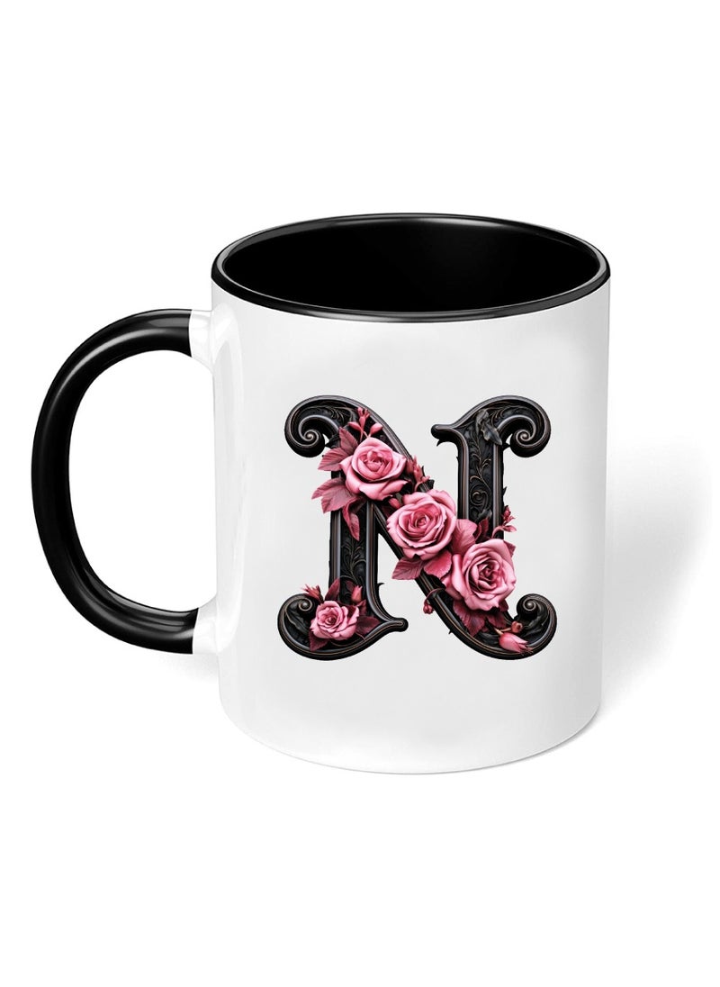 PRINTSHOP4ME - Monogrammed Initial Ceramic Coffee Mug - Stylized Designer Printed Black Two-Tone - Ceramic Coffee or Tea Mug 11 Oz - Glossy Black Mug - Personalized Gift For Family Members And Friends - Image 1