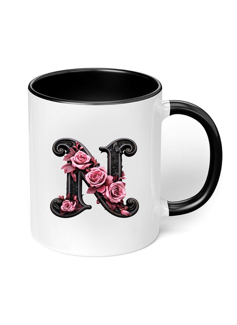 PRINTSHOP4ME - Monogrammed Initial Ceramic Coffee Mug - Stylized Designer Printed Black Two-Tone - Ceramic Coffee or Tea Mug 11 Oz - Glossy Black Mug - Personalized Gift For Family Members And Friends - Image 1
