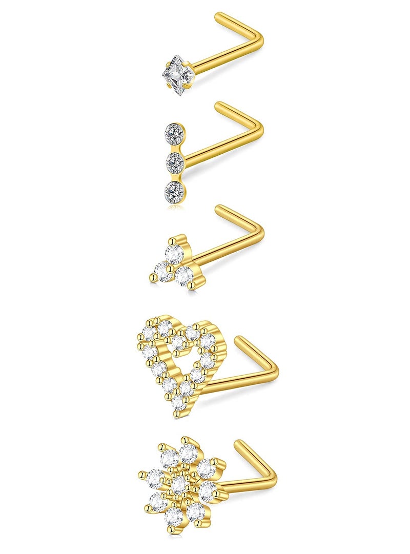 QWALIT Nose Studs 20g Nose Stud Diamond Nose Rings Stud for Women Surgical Steel Nose Piercing Stud Cute Nose Studs L Shaped Flower Heart Stud Nose Ring Gold - Image 5