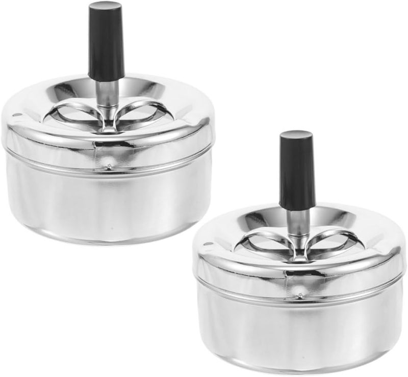 2pcs Metal round Ashtray with Push down Spinning Lid, Windproof Tabletop Cigarette Ashtray for Home Patio Outdoor Use - Image 1
