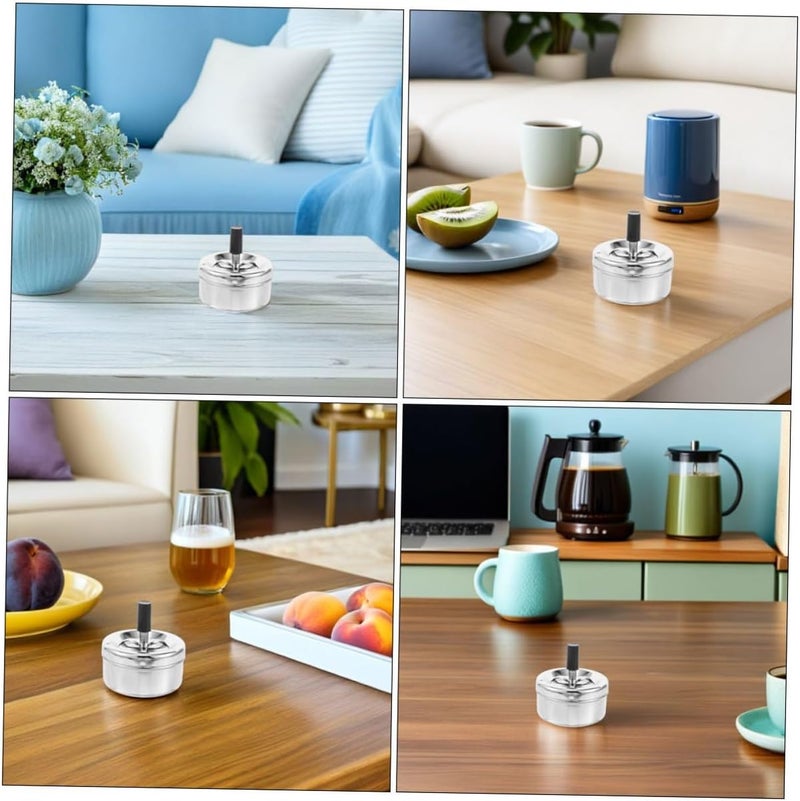 2pcs Metal round Ashtray with Push down Spinning Lid, Windproof Tabletop Cigarette Ashtray for Home Patio Outdoor Use - Image 3
