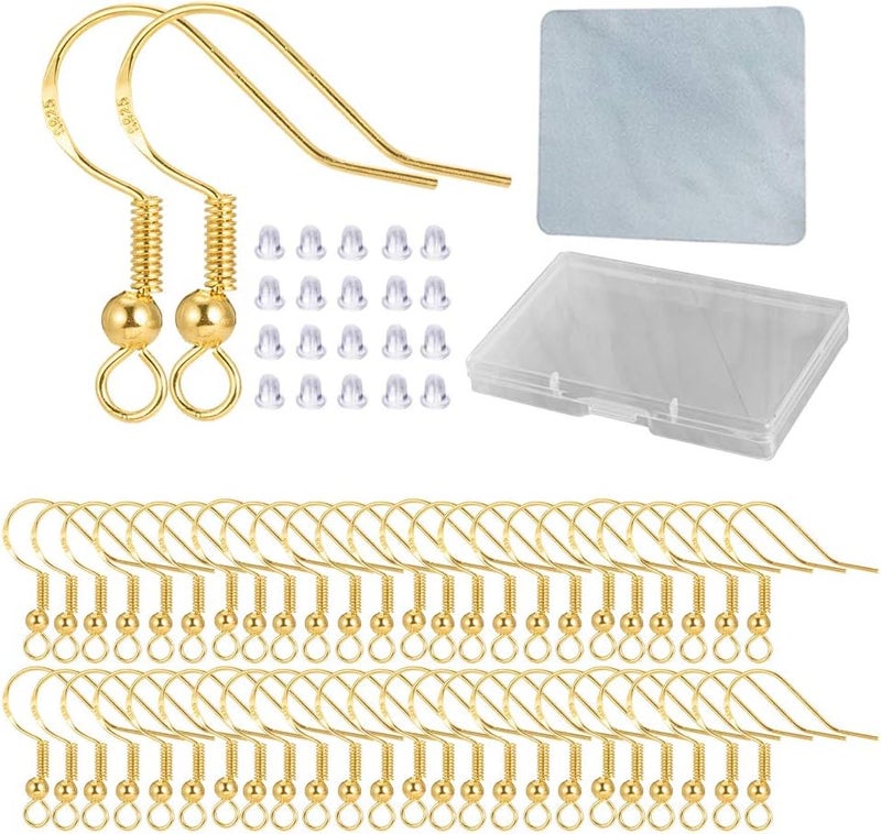 DIYEAR Hypoallergenic Gold Earring Hooks - 120 pcs/60 Pairs 18k Gold Nickel Free Ear Wires Fish Hooks for Jewelry Making, Jewelry findings Parts with 120 pcs Rubber Earring Backs Stopper for DIY Earrings - Image 1