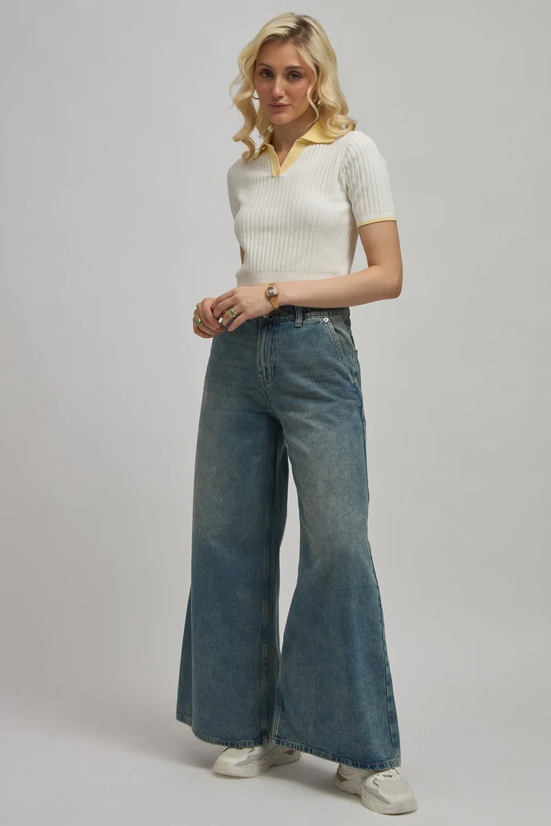 فيرجيو Colourblocked Viscose Shirtcollar Fitted Knit Crop Top for Women