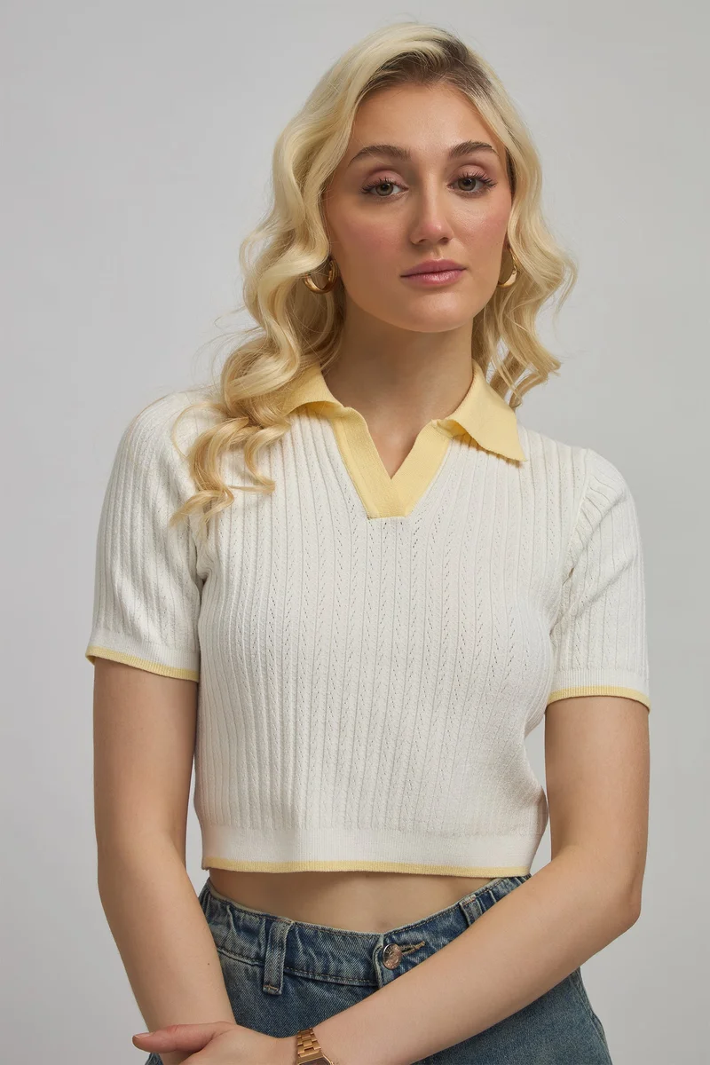 فيرجيو Colourblocked Viscose Shirtcollar Fitted Knit Crop Top for Women