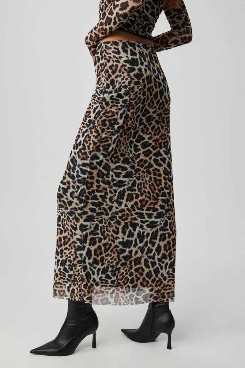 GRIMELANGE Beulah Women Maxi Length Slim Fit Elastic Waist Tulle Batik Patterned Leopard Patterned Skirt
