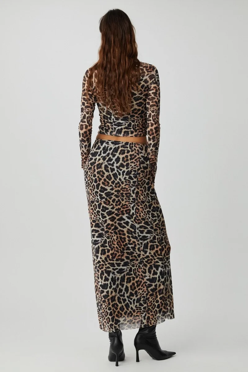 GRIMELANGE Beulah Women Maxi Length Slim Fit Elastic Waist Tulle Batik Patterned Leopard Patterned Skirt