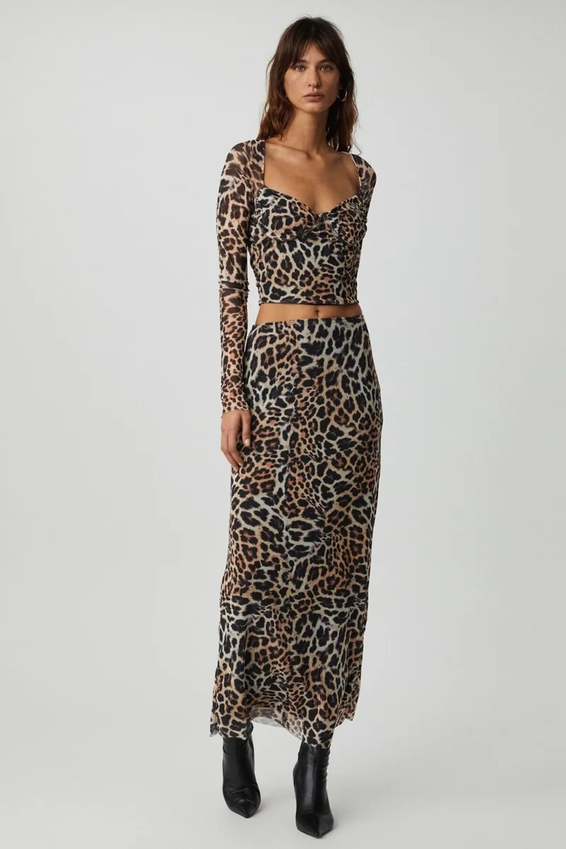 GRIMELANGE Beulah Women Maxi Length Slim Fit Elastic Waist Tulle Batik Patterned Leopard Patterned Skirt