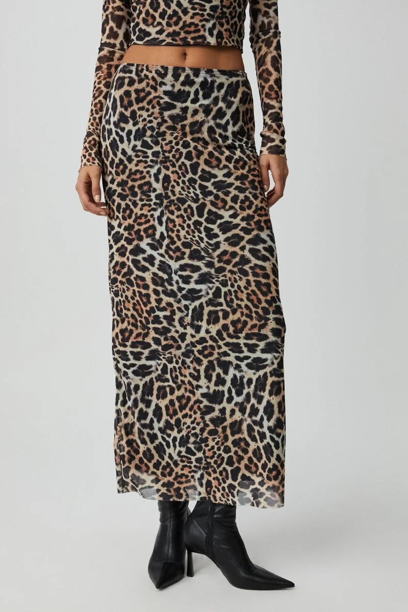 GRIMELANGE Beulah Women Maxi Length Slim Fit Elastic Waist Tulle Batik Patterned Leopard Patterned Skirt